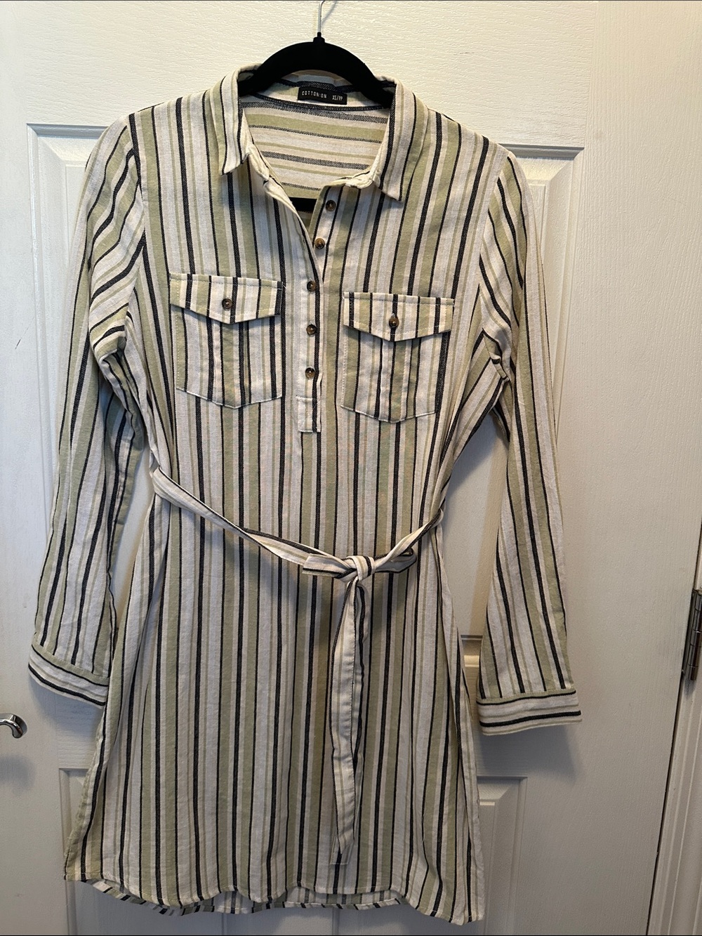 Cotton On Cream Sage Black Striped Long-Sleeve 100% Cotton Shirt Dress XS